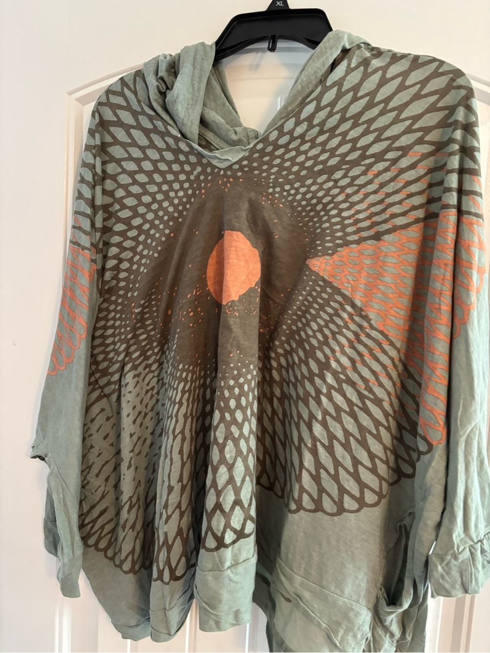Women's Light Sage Printed Hooded Top with Coral Accents